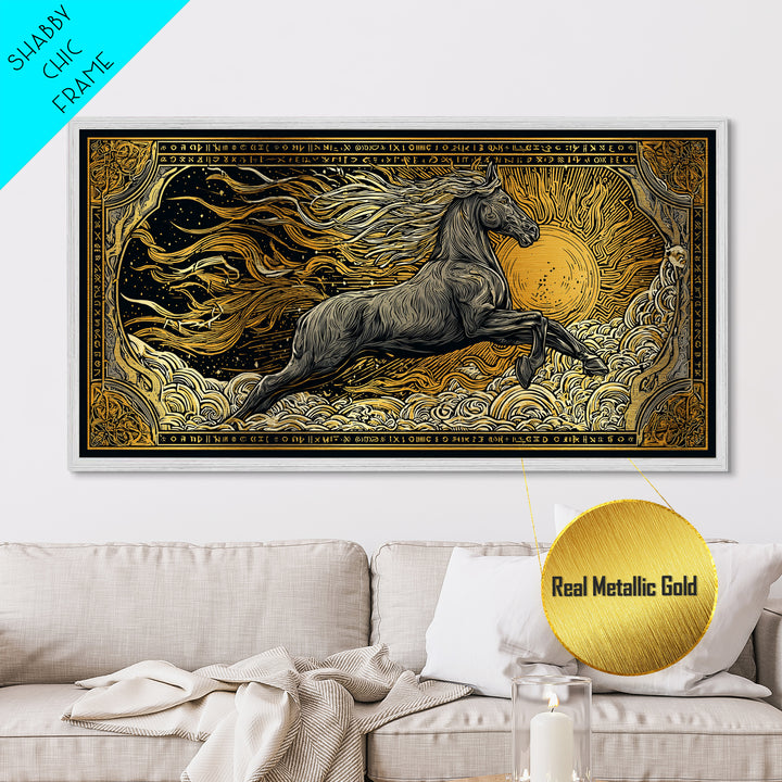 Mythical Sleipnir Metallic Gold Art Wall Decor, Odin’s Eight-Legged Horse Norse Metal Art with real wood frame, Viking Office Art
