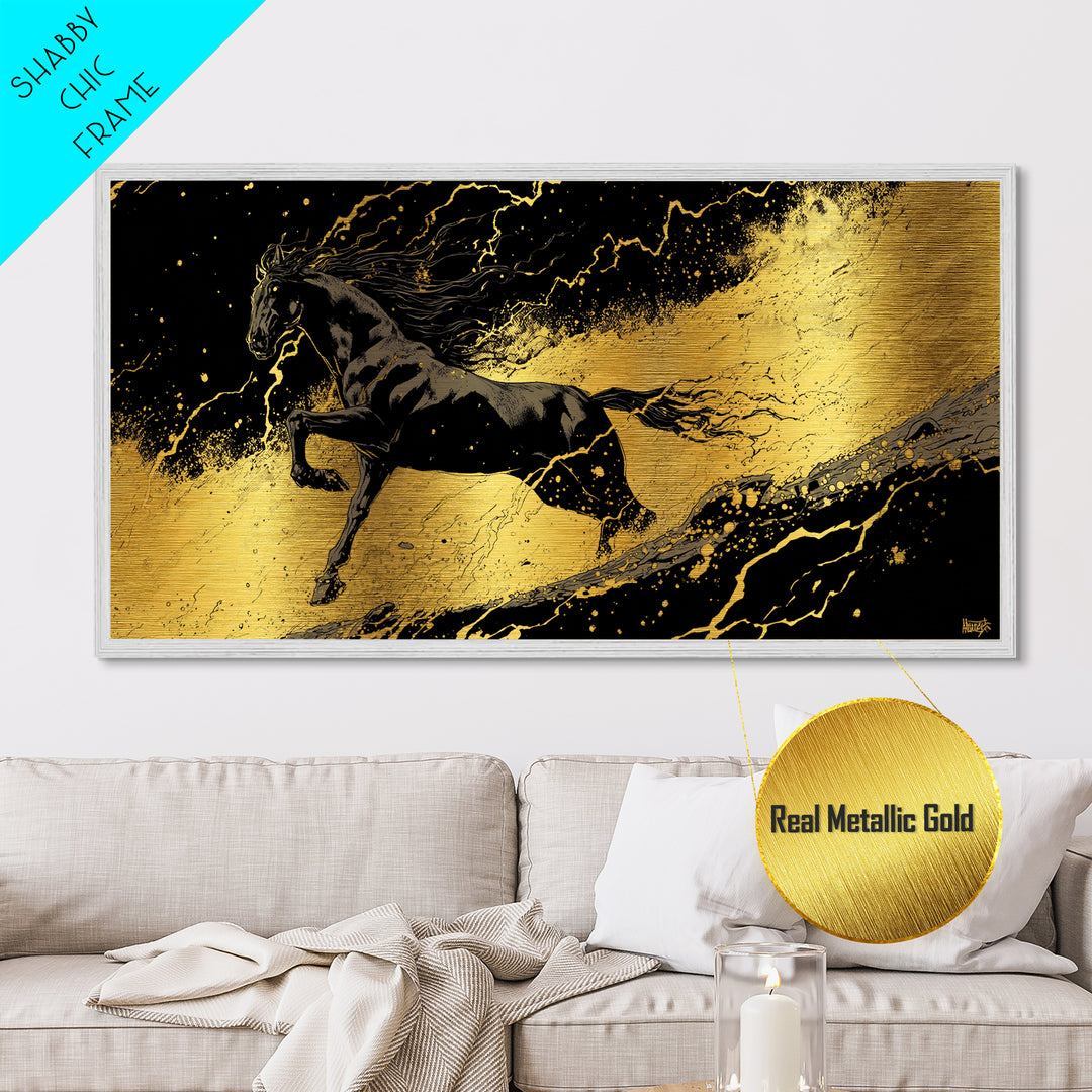 Nordic Sleipnir Horse Metal Art, Metallic Gold Art in Norse Mythology Style, Man Cave Wall Art for Men, framed in authentic wood