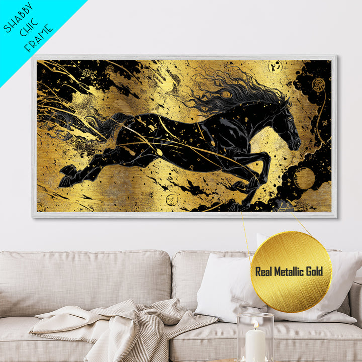 Sleipnir Norse Horse Metallic Gold Art, Nordic Mythology Metal Art for Man Cave or Office, framed in natural wood, unique Dad Gift