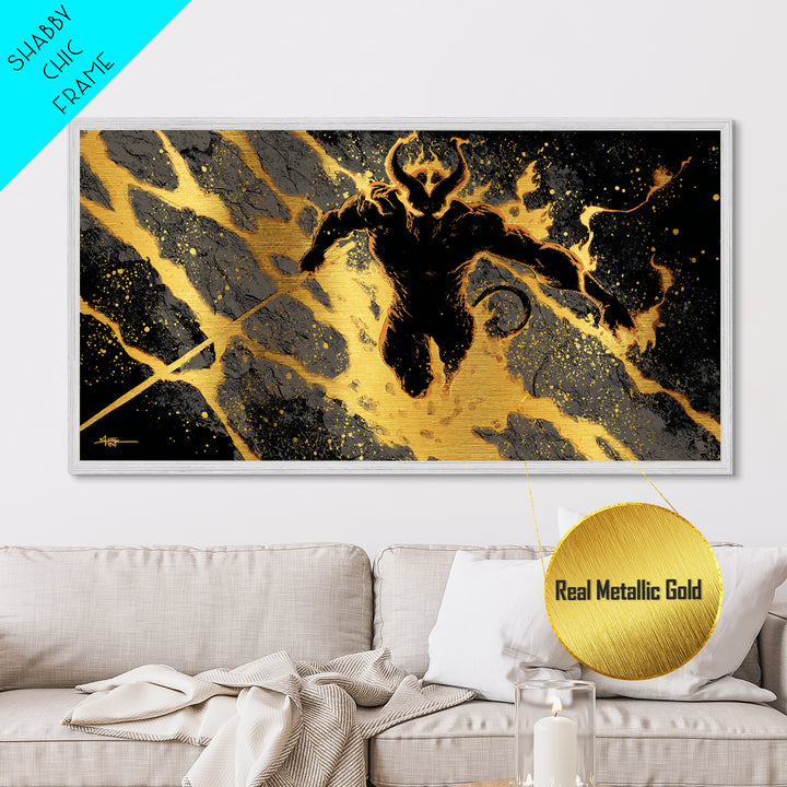 Mythical Surtur with Flaming Sword Metallic Gold Art, Viking Metal Art Norse Decor, Man Cave Office Art, framed in handcrafted wood