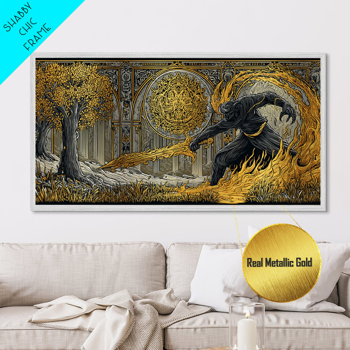 Surtur Norse Fire Giant Metal Art, Nordic Mythology Metallic Gold Art for Office Wall or Man Cave, framed in real wood, bold Dad Gift