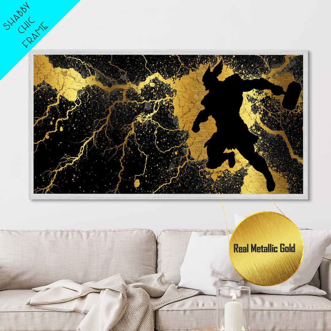 Viking Thor with Mjolnir Metallic Gold Art, Norse Mythology Metal Art Wall Decor for Man Cave or Dad Gift, framed in solid wood