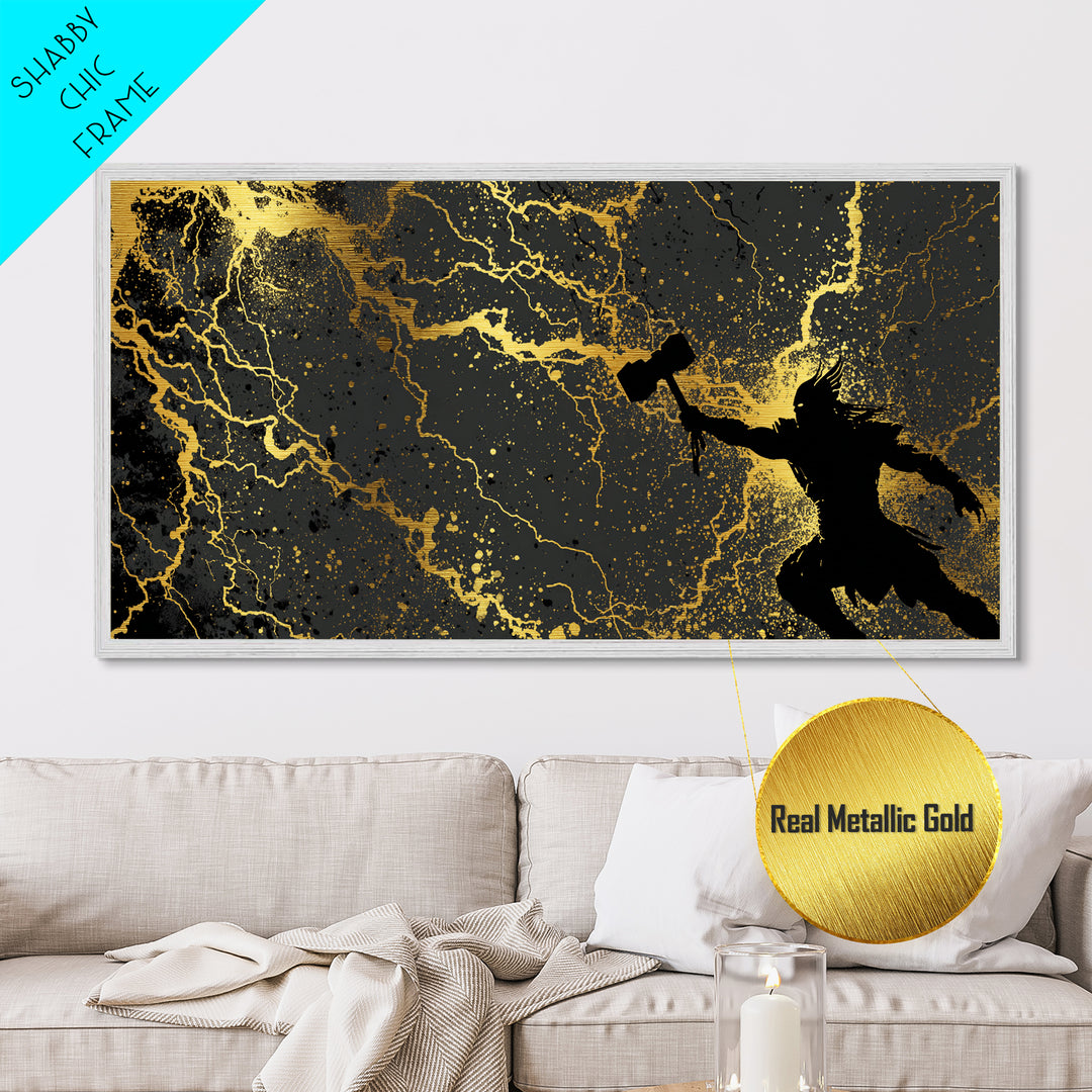 Thor God of Thunder Metal Art, Metallic Gold Art with Lightning, Norse Mythology Wall Decor, Office Art for Men, framed in real wood