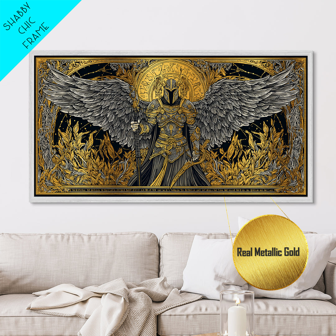 Winged Valkyrie Warrior Metal Art, Metallic Gold Art Norse Decor, Nordic Mythology Office Art for Men, framed with real wood detail