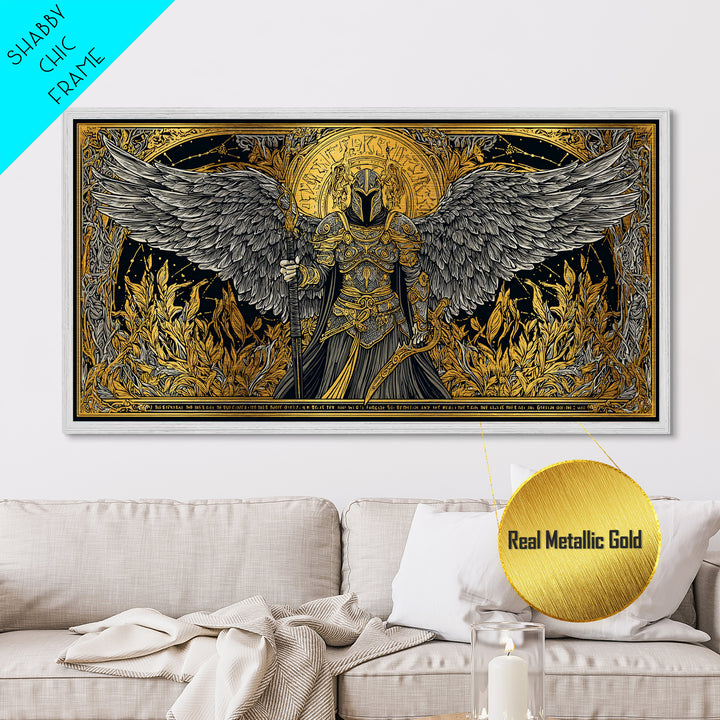 Winged Valkyrie Warrior Metal Art, Metallic Gold Art Norse Decor, Nordic Mythology Office Art for Men, framed with real wood detail