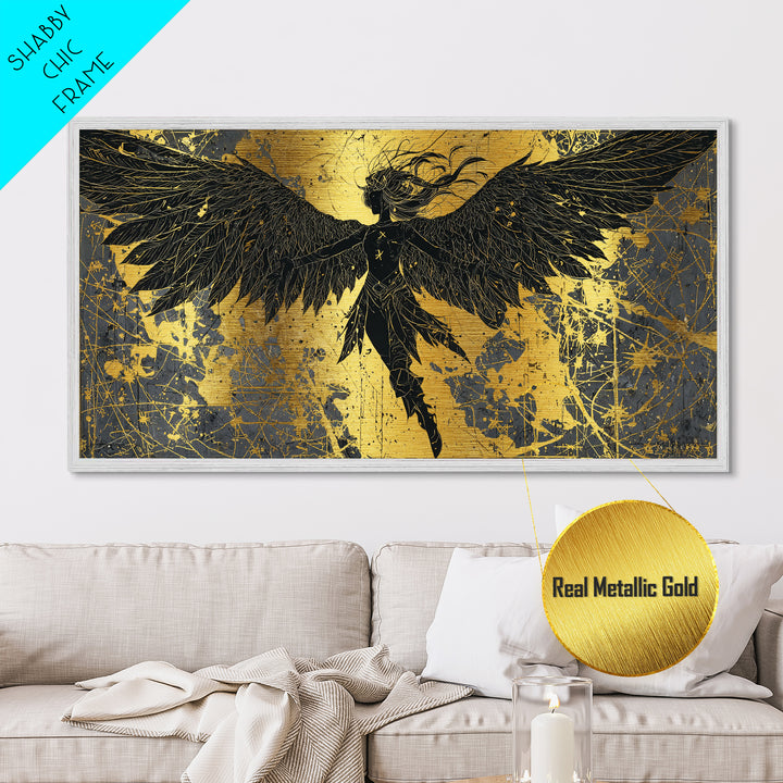 Valkyrie Metallic Gold Art Nordic Metal Art with Real Wood Frame, Norse Mythology Warrior Wall Decor for Office or Man Cave