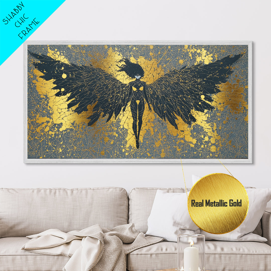 Metal Art Valkyrie Angel Metallic Gold Art, Norse Mythology Wall Hanging framed in Natural Wood, Dad Gift or Office Decor