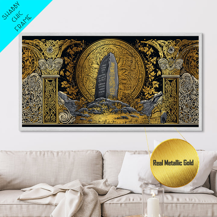 Viking Helmet Metallic Gold Art Metal Art, Norse Warrior Helmet Decor framed in Natural Wood, Nordic Office or Dad Gift Wall Art