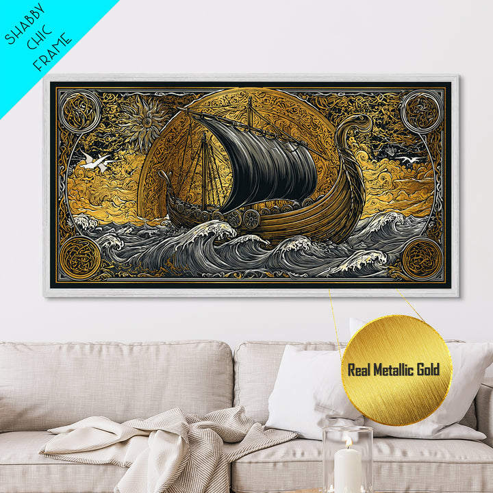 Viking Ship Metallic Gold Art Metal Art, Norse Longboat Sailing Wall Decor with Real Wood Frame, Nordic Mythology Office Artwork
