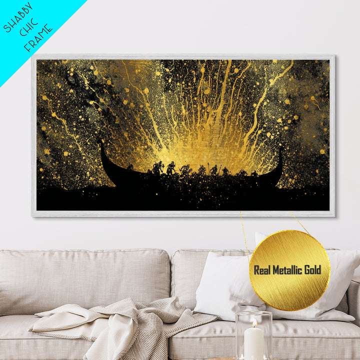 Metal Art Viking Longship Metallic Gold Art, Nordic Seafaring Norse Decor in Real Wood Frame, Man Cave or Office Wall Hanging