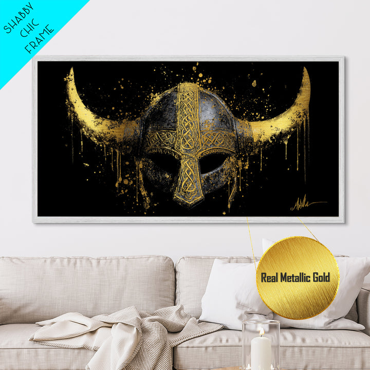 Nordic Valkyrie Metallic Gold Art Metal Art, Norse Goddess Warrior Silhouette with Wings, Man Cave Wall Art in Real Wood Frame
