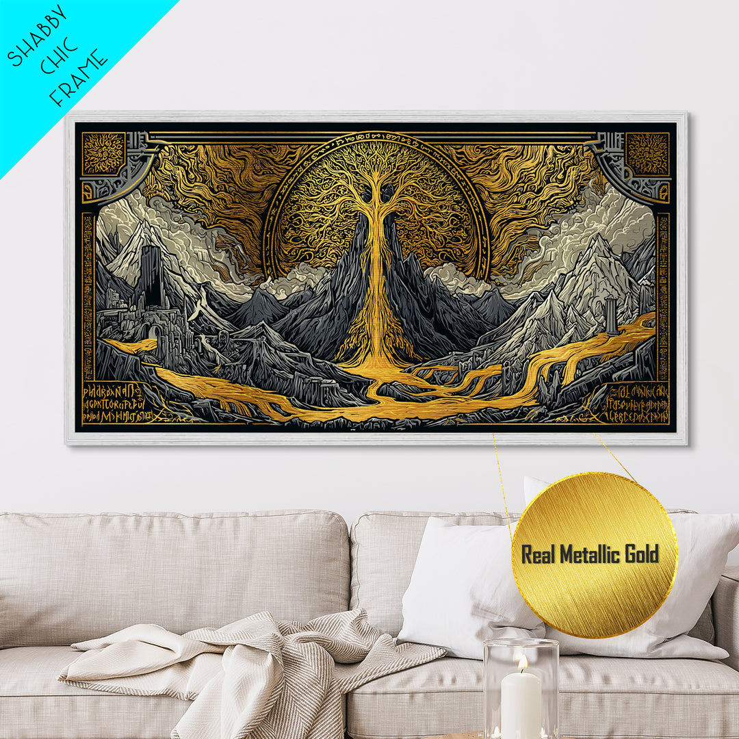 Yggdrasil Metallic Gold Art Metal Art, Norse World Tree of Life Wall Decor framed in Natural Wood, Nordic Mythology Office Artwork