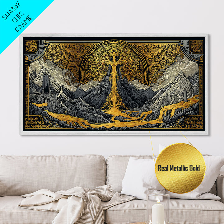 Yggdrasil Metallic Gold Art Metal Art, Norse World Tree of Life Wall Decor framed in Natural Wood, Nordic Mythology Office Artwork
