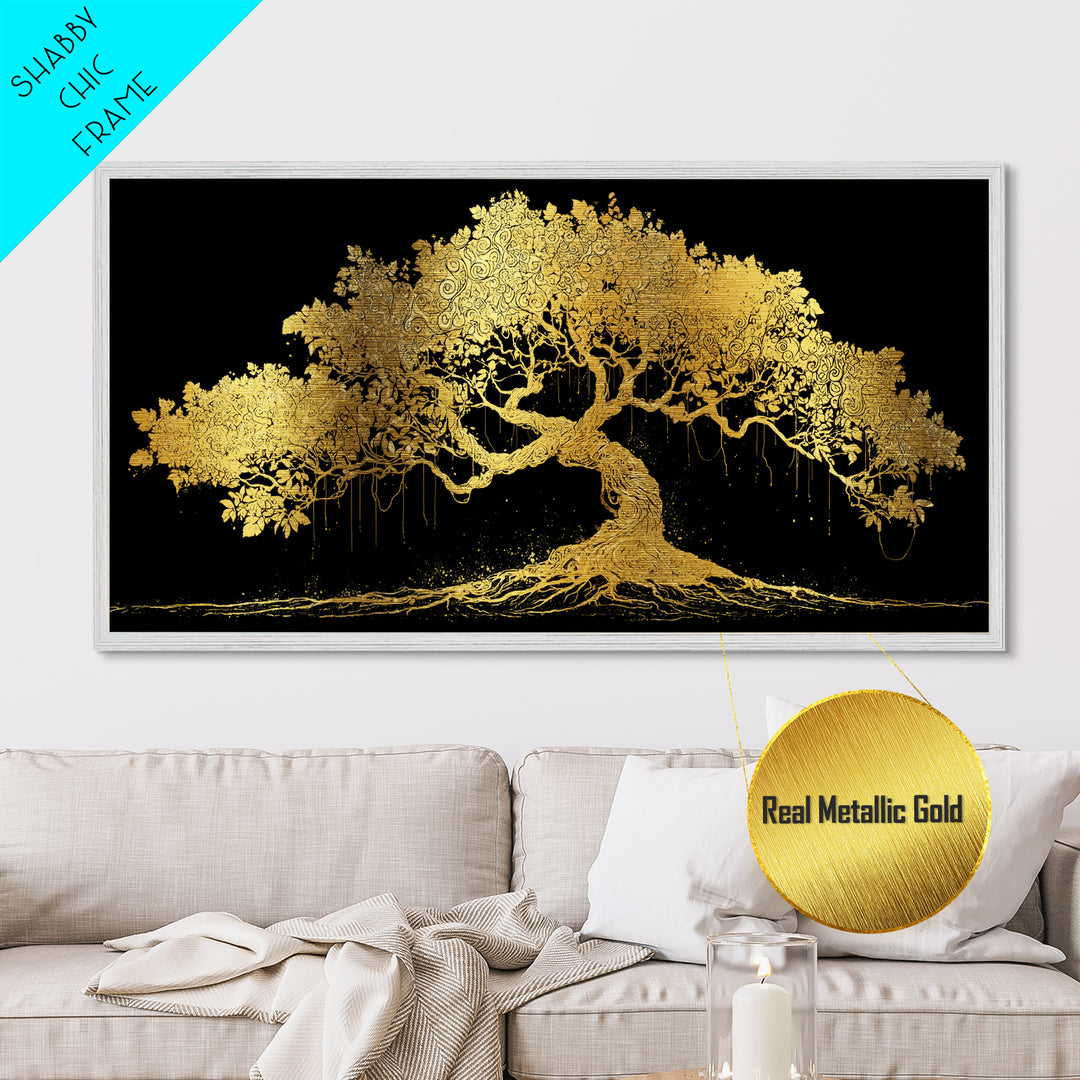 Metal Art Yggdrasil Metallic Gold Art, Norse Tree of Life Wall Hanging with Real Wood Frame, Nordic Mythology Man Cave or Dad Gift