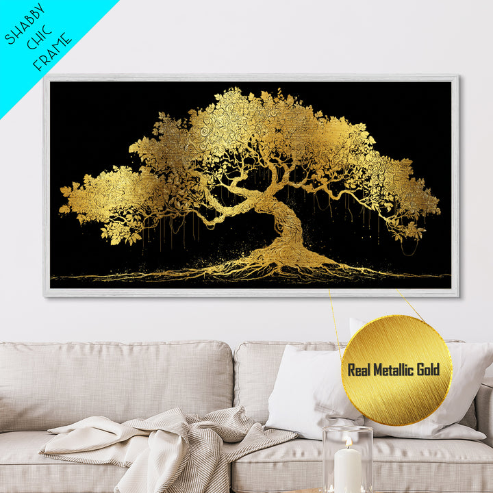 Metal Art Yggdrasil Metallic Gold Art, Norse Tree of Life Wall Hanging with Real Wood Frame, Nordic Mythology Man Cave or Dad Gift
