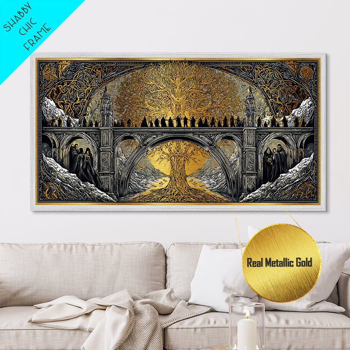 Yggdrasil Bridge Nordic Mythology Wall Decor | Metallic Gold Art Metal Art | Norse Gods Fantasy Scene framed in real wood