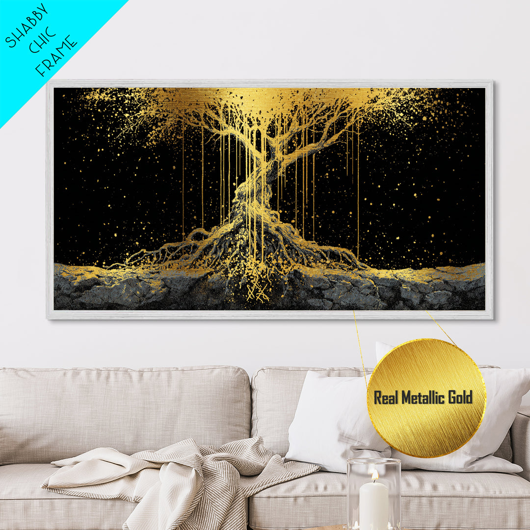Norse Yggdrasil Tree of Life Metallic Gold Art Metal Art | Nordic Mythology Office Wall Decor Man Cave Gift in natural wood frame