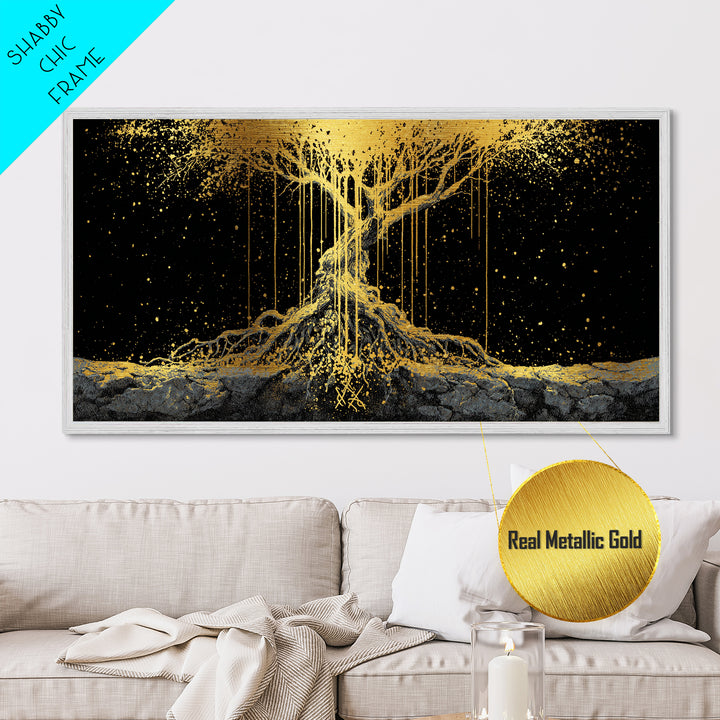 Norse Yggdrasil Tree of Life Metallic Gold Art Metal Art | Nordic Mythology Office Wall Decor Man Cave Gift in natural wood frame