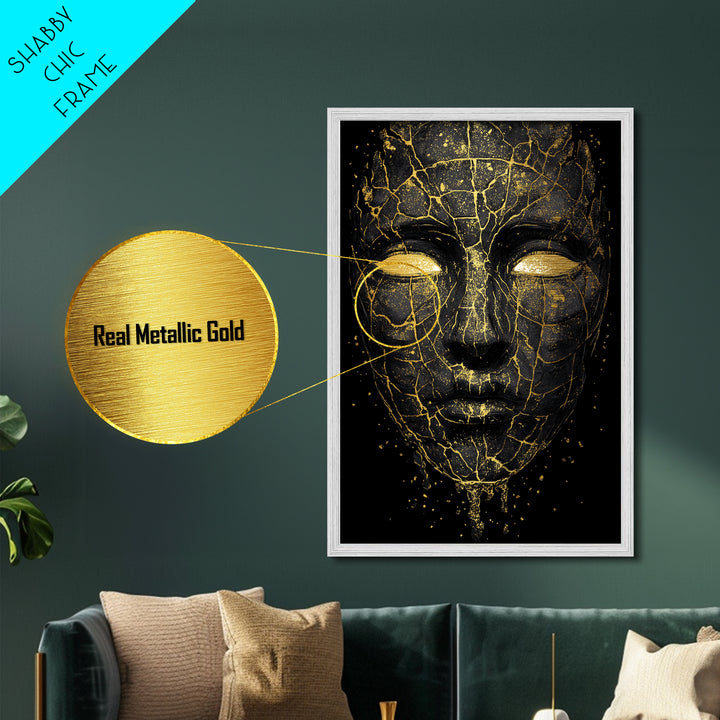 Cracked Mask Metallic Gold Art Metal Art | Norse Mythology Symbolic Face Wall Decor | Viking Pagan Office or Man Cave Art Framed in Wood