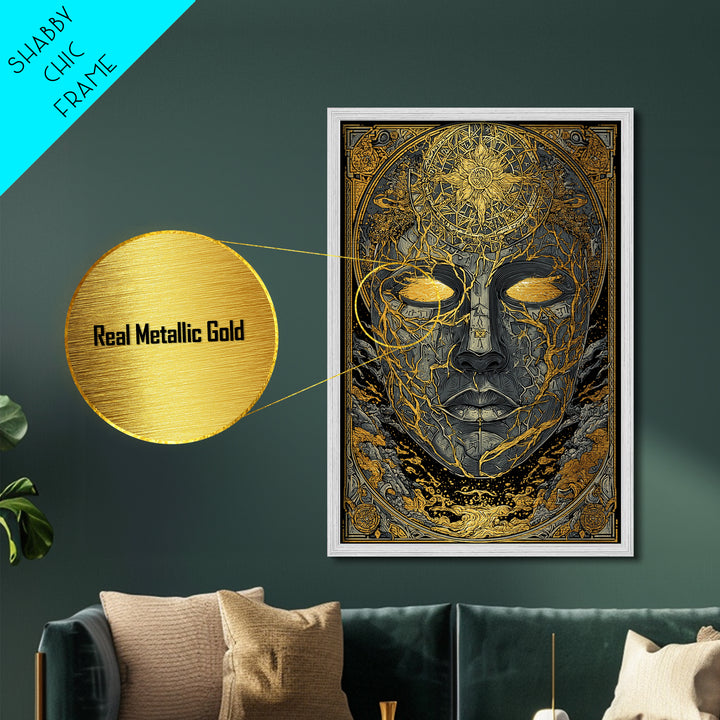 Norse Mythology Mask Wall Decor Metallic Gold Art Metal Art for Man Cave or Office, framed in natural real wood