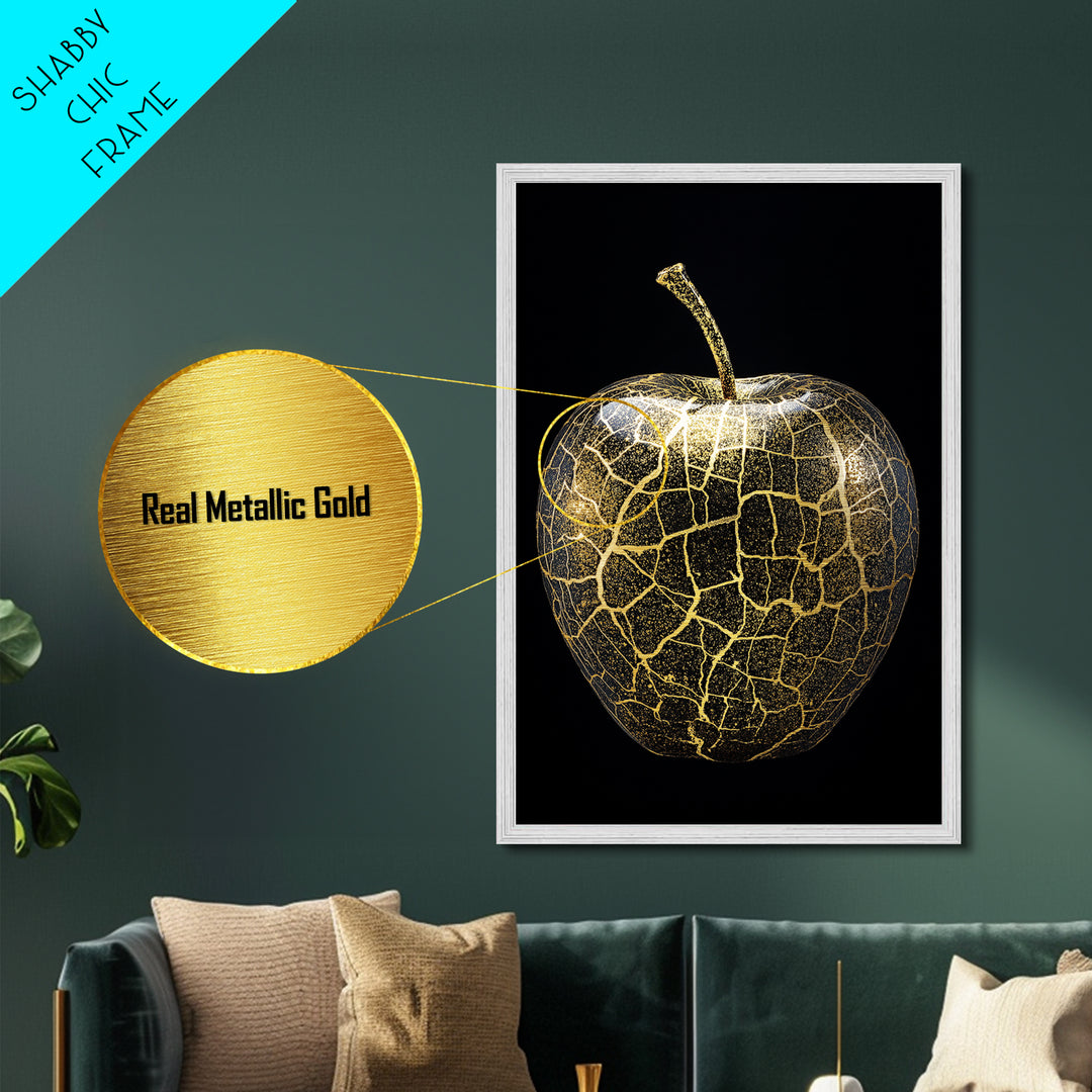 Golden Apple of Idunn Norse Myth Metallic Gold Art Metal Art, Viking Wall Decor framed in authentic natural wood