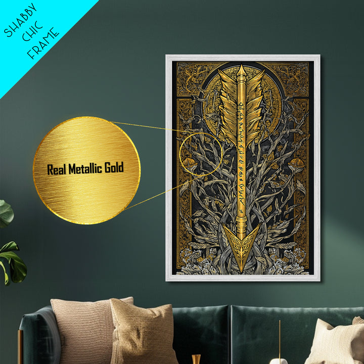 Metallic Gold Art Metal Art Viking Arrow Design Norse Mythology Decor, Nordic Office or Dad Gift framed in natural wood