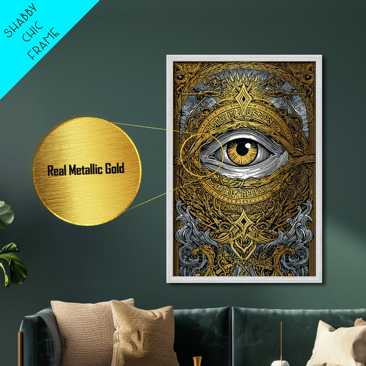 Norse All-Seeing Eye Metallic Gold Art Metal Art, Nordic Mythology Office or Man Cave Wall Decor framed in natural wood