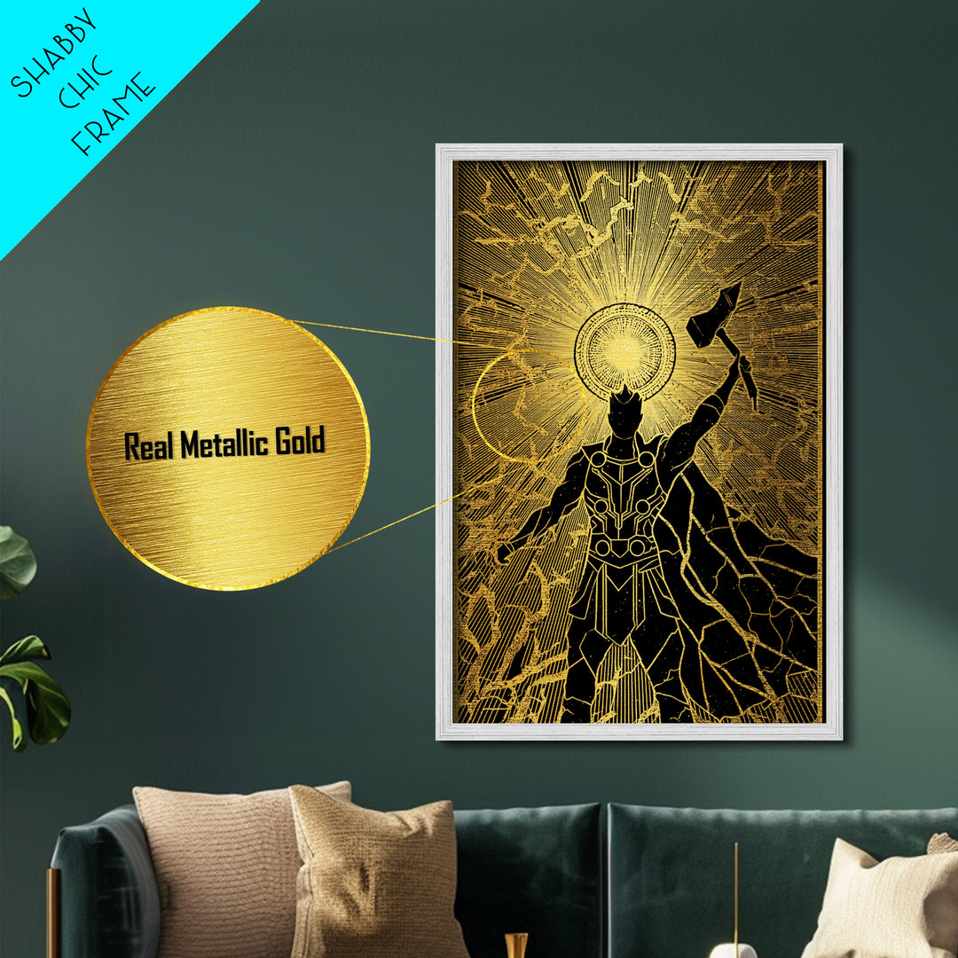 Norse God Thor Lightning Hammer Metallic Gold Art Metal Art Nordic Mythology Office Wall Art Man Cave framed in wood