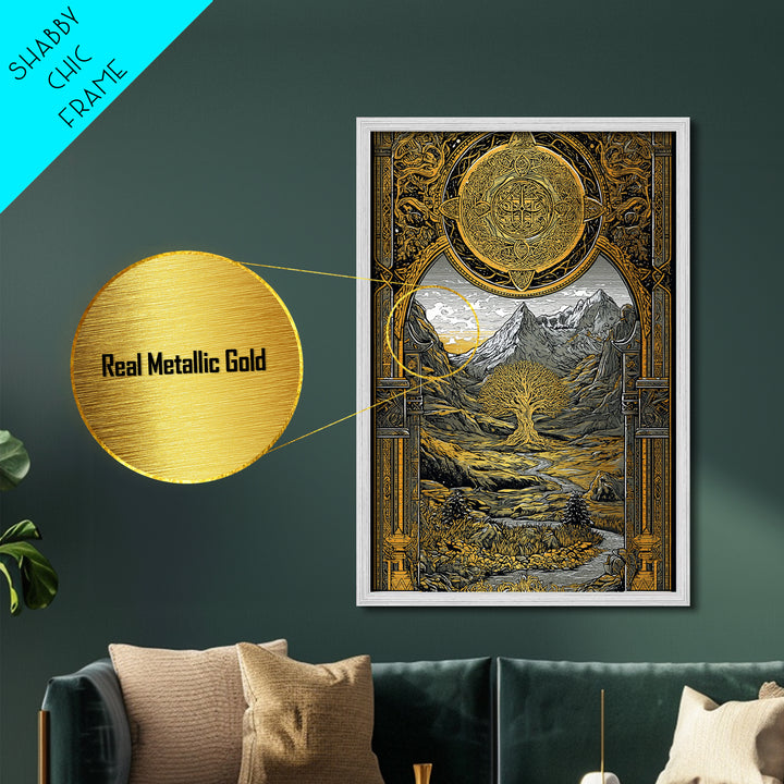 Yggdrasil World Tree Metallic Gold Art Metal Art Nordic Mythology Nature Wall Decor, Viking Office or Man Cave framed in wood