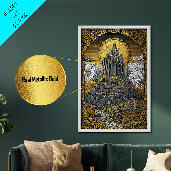 Asgard Castle Metallic Gold Art Metal Art Nordic Mythology Fortress Wall Art, Viking Inspired Office or Dad Gift framed in wood