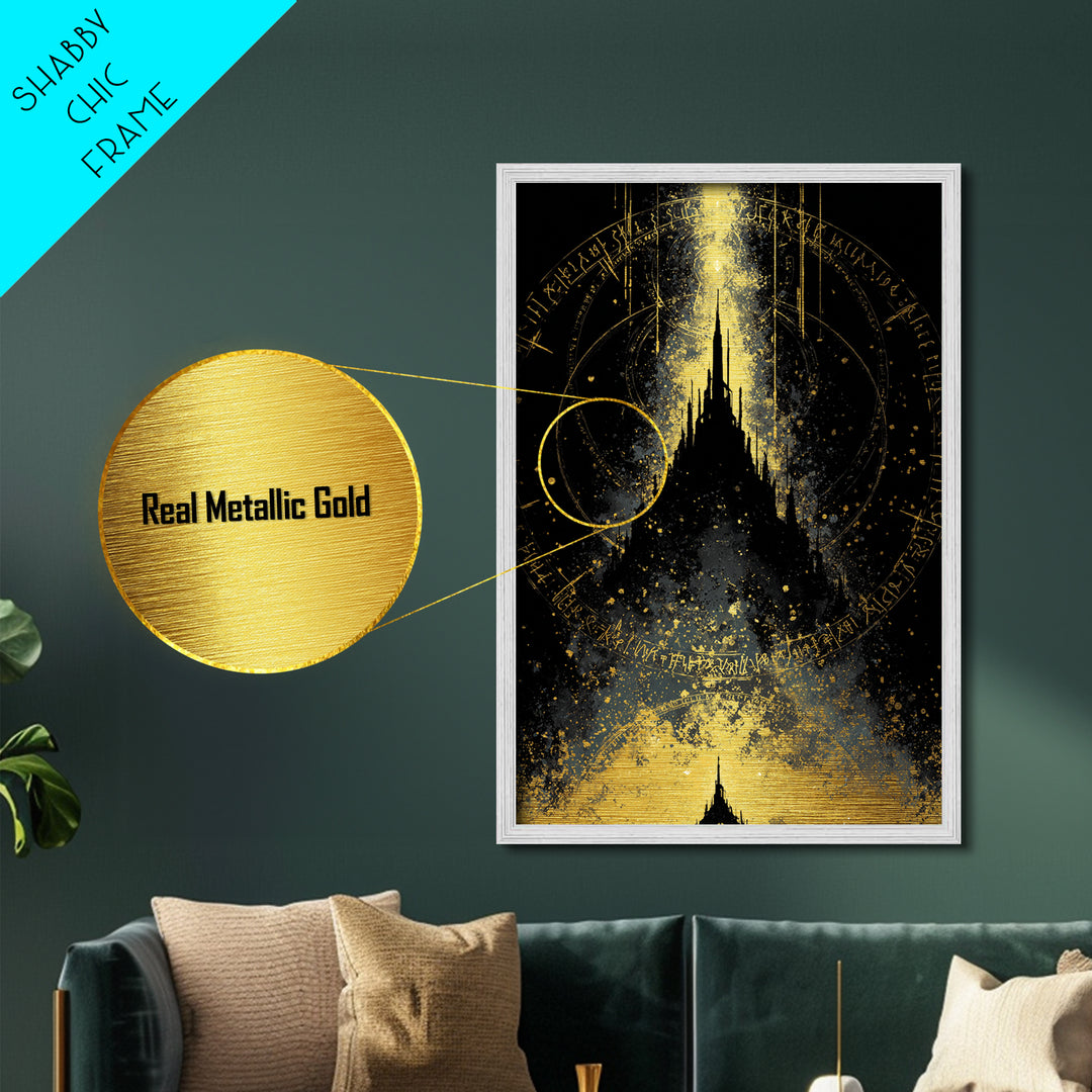 Mystical Asgard Silhouette Metallic Gold Art Metal Art Nordic Mythology Fantasy Castle Wall Decor, framed in natural wood style