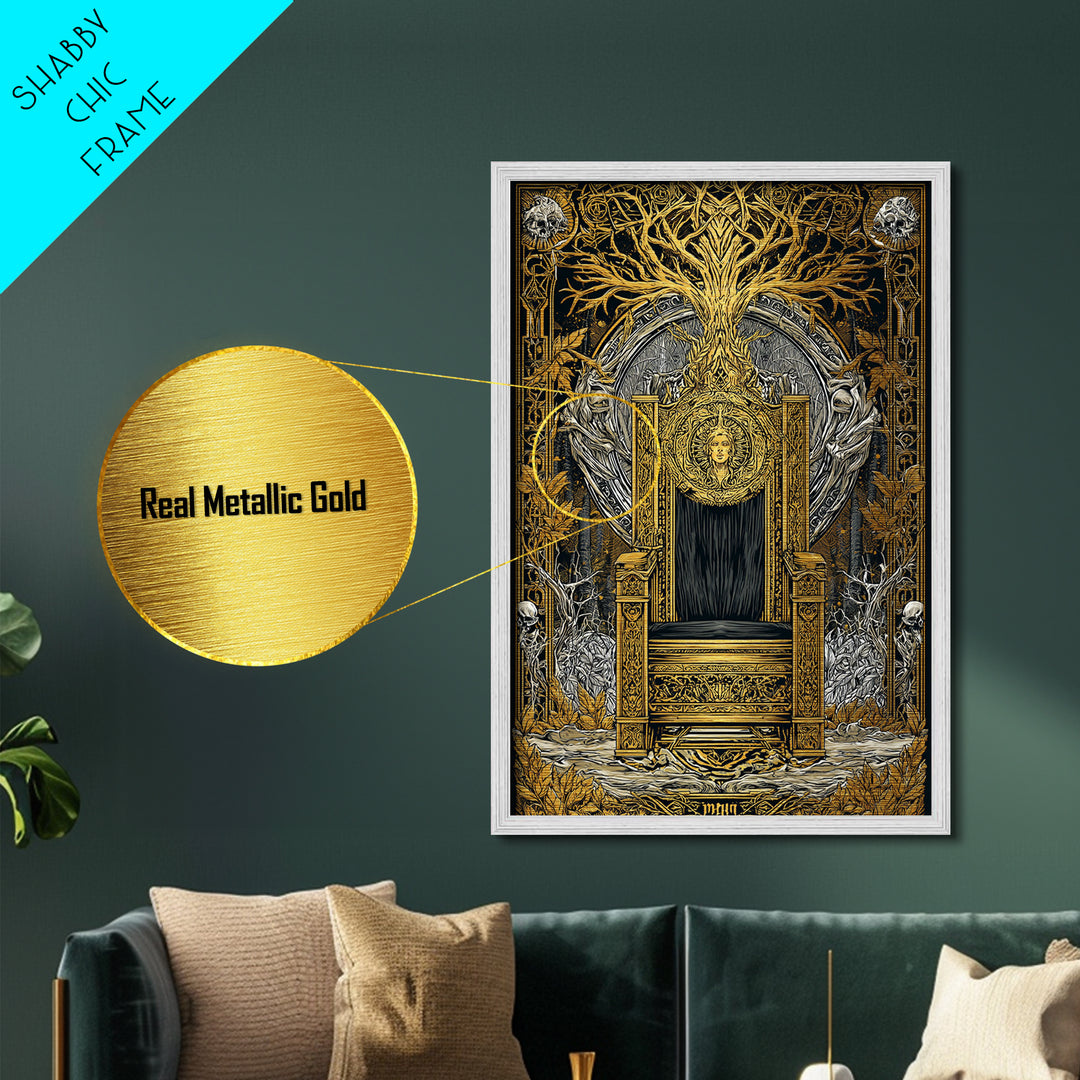 Nordic Throne Metallic Gold Art Metal Art Viking Mythology Wall Decor, Norse Royal Seat Wall Art framed in wood for Office Gift