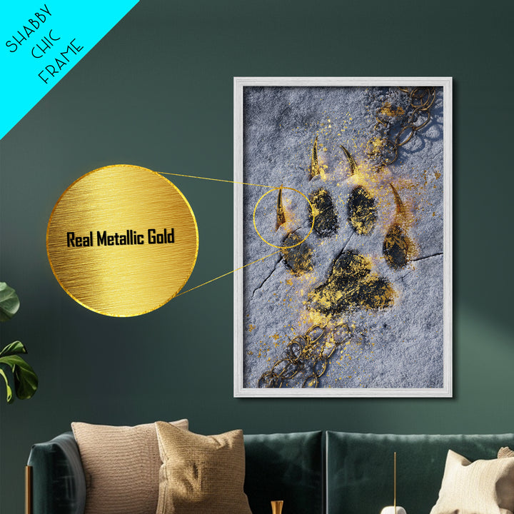 Fenrir’s Paw Print Metallic Gold Art Metal Art Norse Wolf Mythology Wall Decor, Viking Office Art framed with real wood for Men
