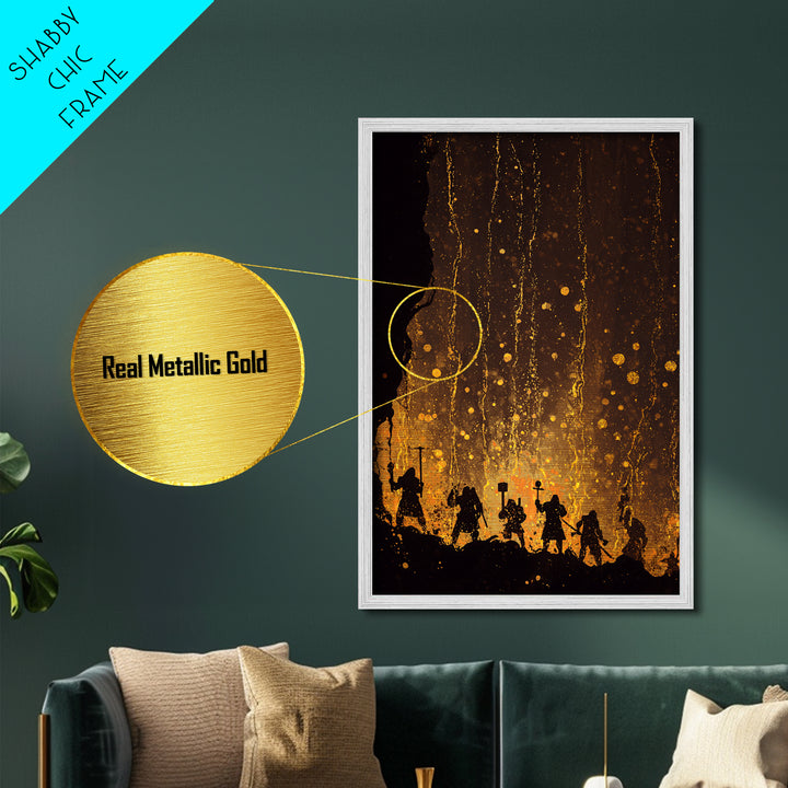 Norse Dwarves Warrior Silhouette Metallic Gold Art Metal Art Nordic Mythology Man Cave Wall Decor framed in natural wood