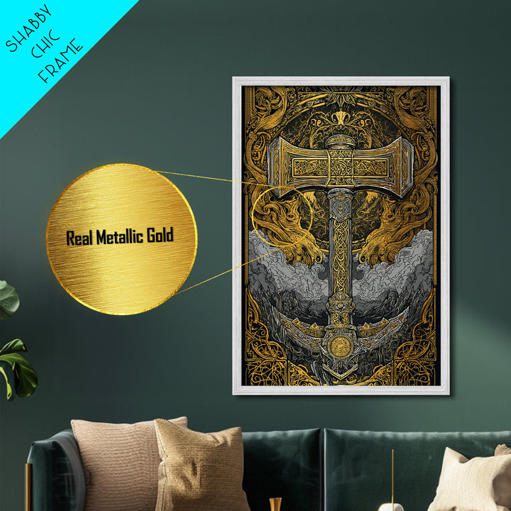Thor’s Hammer Mjölnir Intricate Nordic Design Metallic Gold Art Metal Art Norse Mythology Man Cave Wall Art framed in oak