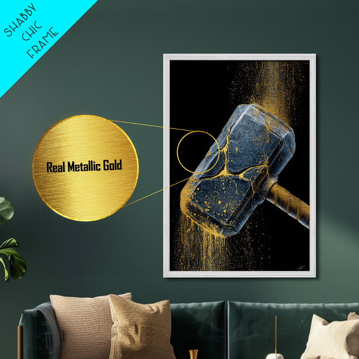 Norse Hammer Metallic Gold Art Metal Art Nordic Mythology Office Decor Dad Gift Modern Wall Hanging in handcrafted wood frame