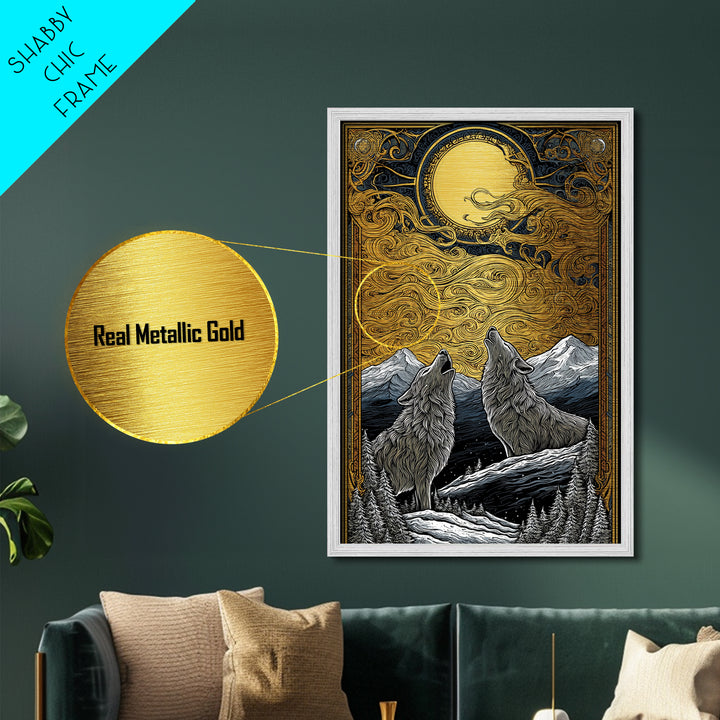 Skoll and Hati Wolves Chasing Sun Metallic Gold Art Metal Art Norse Mythology Nordic Wall Decor Office Art in wood frame