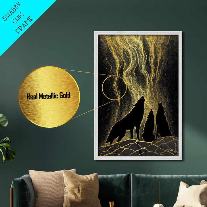 Howling Wolves Under Golden Sky Metallic Gold Art Metal Art Norse Mythology Nordic Decor Man Cave or Office framed in solid wood