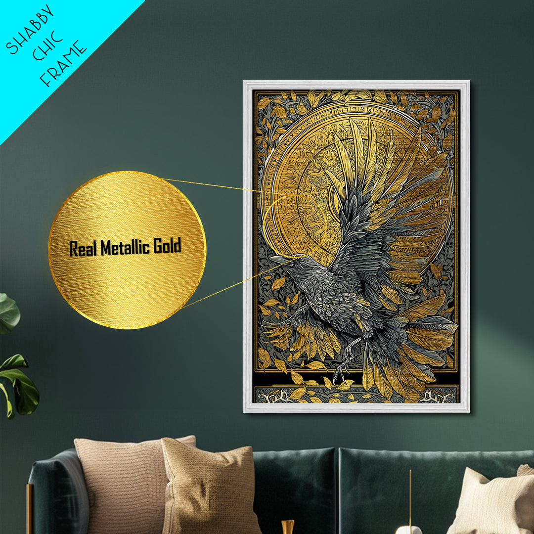 Muninn Raven Metallic Gold Art Metal Art Norse Mythology Nordic Wall Hanging Man Cave Office Decor in real wood frame