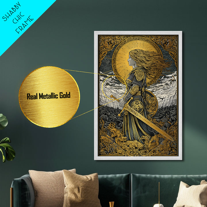 Valkyrie Warrior Metallic Gold Art Metal Art – Norse Mythology Wall Decor, Office or Man Cave Gift, framed in natural wood
