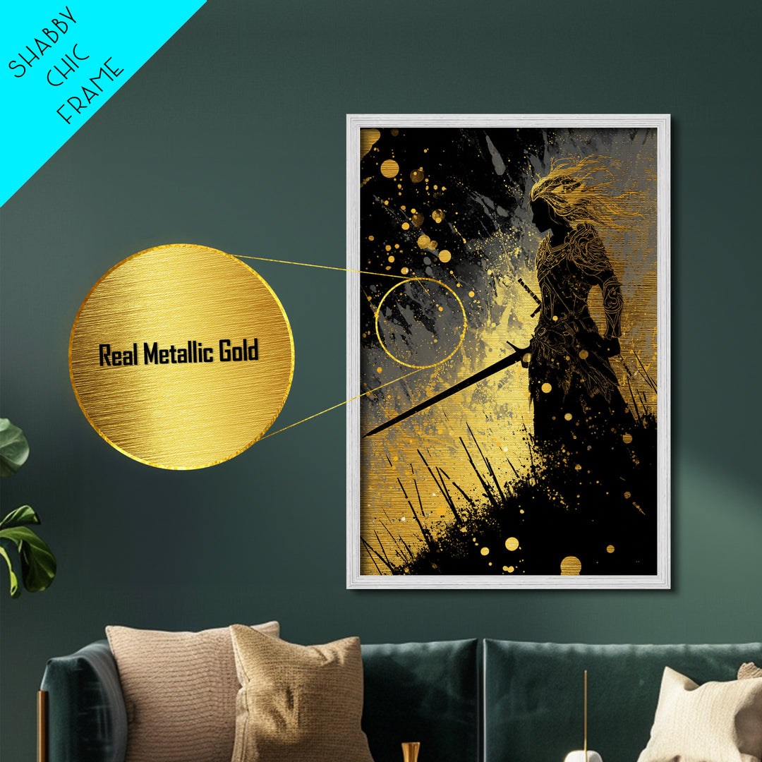 Nordic Warrior Silhouette Metallic Gold Art Metal Art – Viking Mythology Wall Art for Dad Gift or Office, in real wood frame