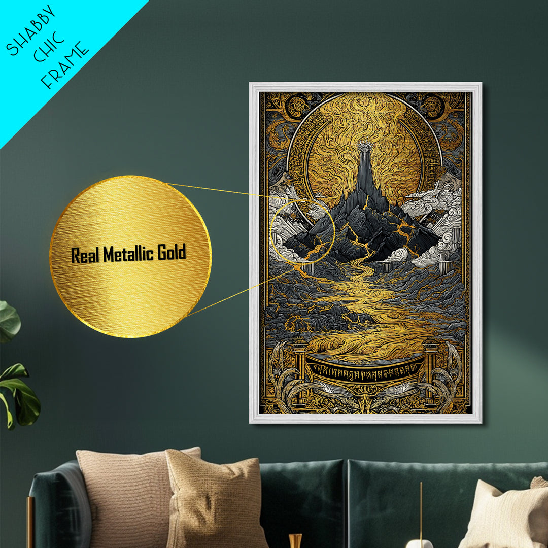 Muspelheim Fire Mountain Metallic Gold Art Metal Art | Viking Mythology Lava Landscape Wall Art | Natural Wood Frame Included