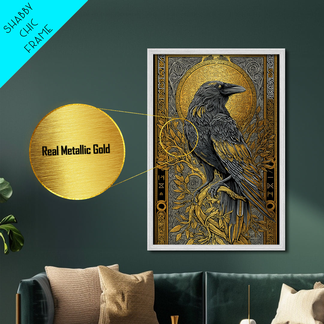 Hugin Raven Metallic Gold Art Metal Art | Viking Odin Symbol Norse Mythology Decor | Man Cave Wall Art | Framed in Solid Wood