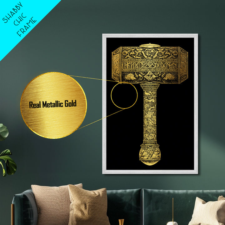 Viking Mjölnir Hammer Metallic Gold Art Metal Art | Nordic Mythology Pagan Symbol Wall Art Dad Gift | Office Decor in Wood Frame