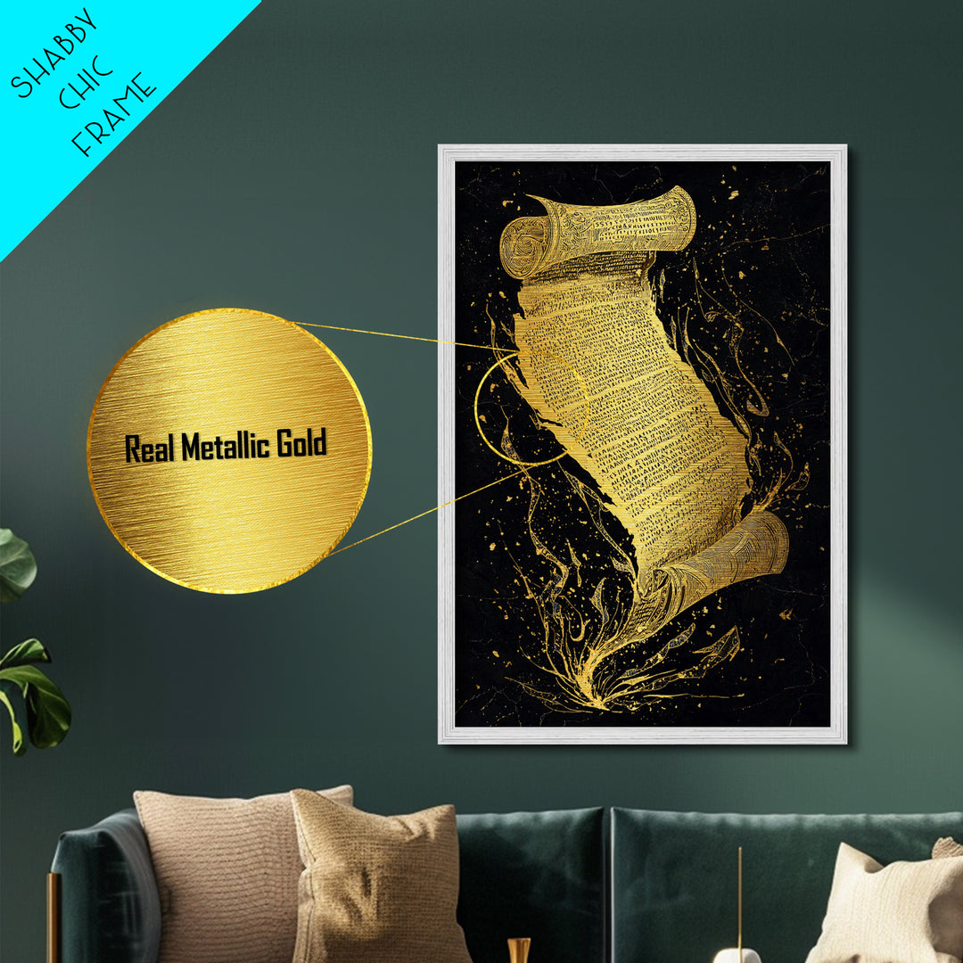 Runestone Scroll Metallic Gold Art Metal Art | Nordic Mythology Rune Wall Art Viking Pagan Decor | Natural Wood Frame Man Cave Art