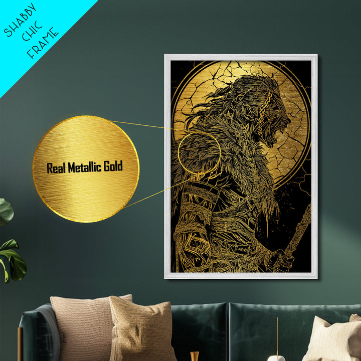 Fierce Viking Berserker Metallic Gold Art Metal Art | Norse Mythology Warrior Wall Art Dad Gift | Mounted with Real Wood Frame