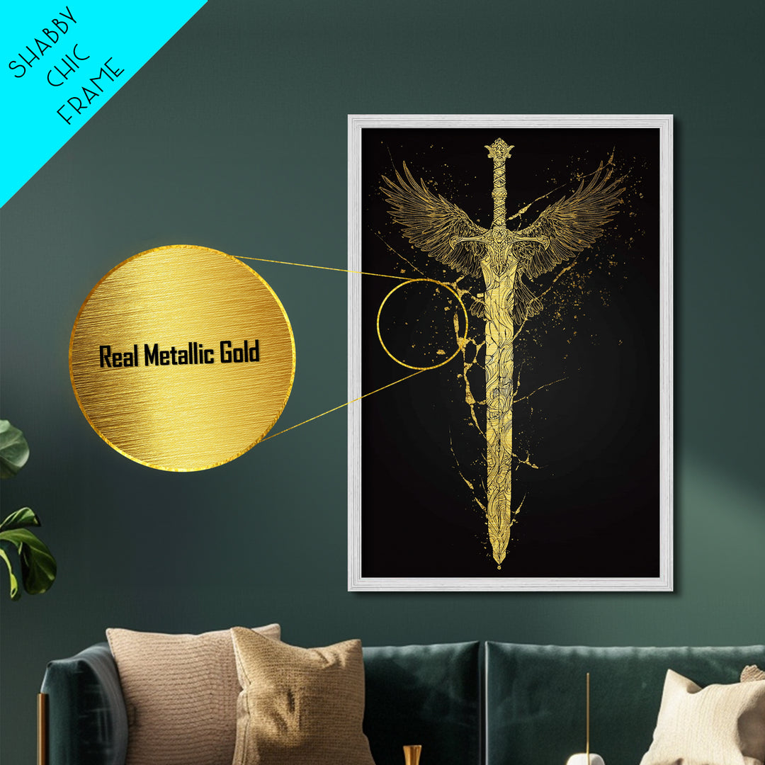 Mythic Sword of Odin Metallic Gold Art Metal Art | Norse Viking Weapon Wall Decor Pagan Symbol | Office Art in Real Wood Framing