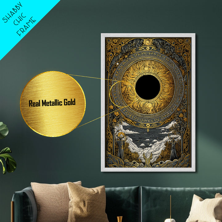 Solar Eclipse Nordic Metallic Gold Art Metal Art | Viking Pagan Wall Decor Mythology Office Art | Mounted in Solid Natural Wood