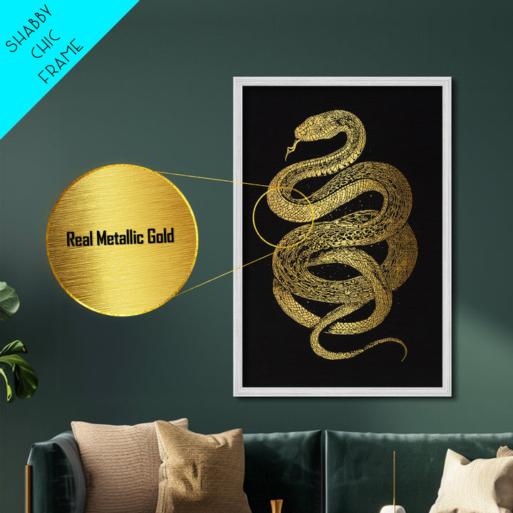 Jormungandr Serpent Metallic Gold Art Metal Art | Viking Snake Norse Mythology Wall Art for Office or Man Cave | Framed in Wood