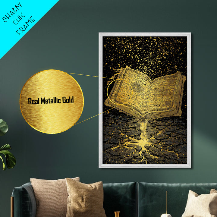 Nordic Spellbook Metallic Gold Art Metal Art | Viking Runes Mythology Wall Decor for Man Cave or Office | Framed with Wood